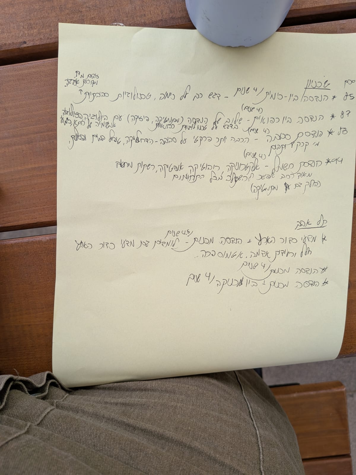 הפתק המקורי עם רשימת האפשרויות בכתב יד